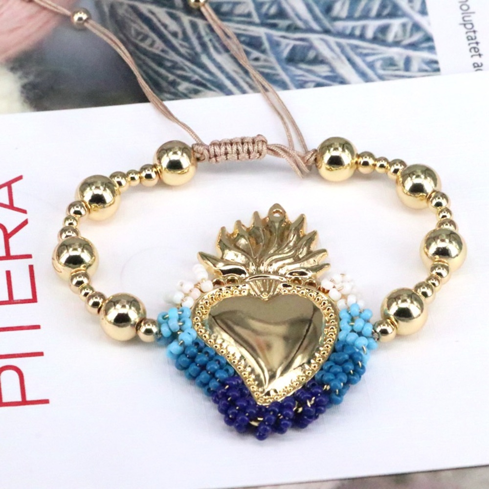 Gold Sacred Heart Beaded Bracelet - Blue Ombre